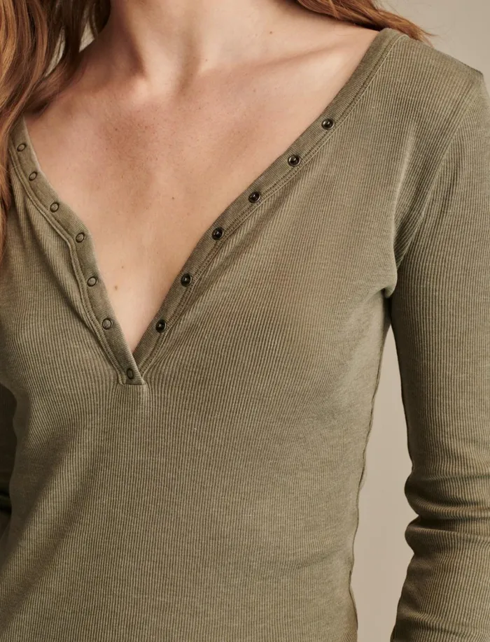 Lucky Brand Knit Tops Women Snap Henley Dusty Olive