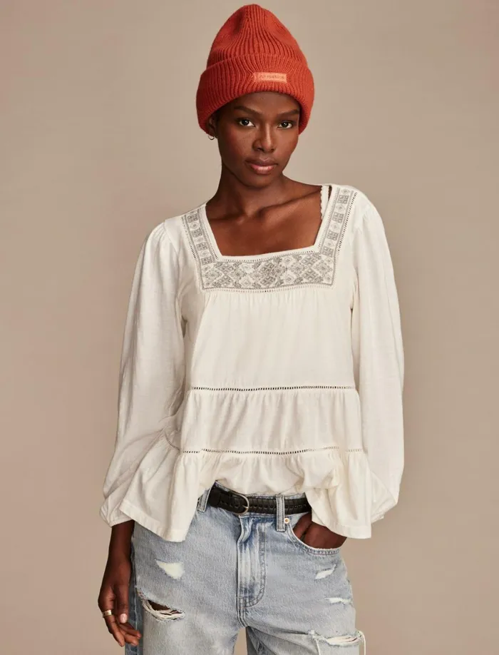 Lucky Brand Knit Tops Women Square Neck Embroidered Peasant Top Whisper White
