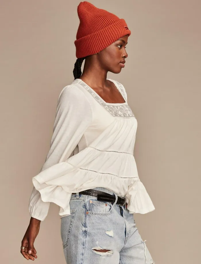 Lucky Brand Knit Tops Women Square Neck Embroidered Peasant Top Whisper White