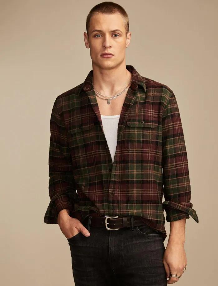 Lucky Brand Shirts and Tops Men Big Slub Twill Plaid Long Sleeve Utility Shirt Burgundy Multi
