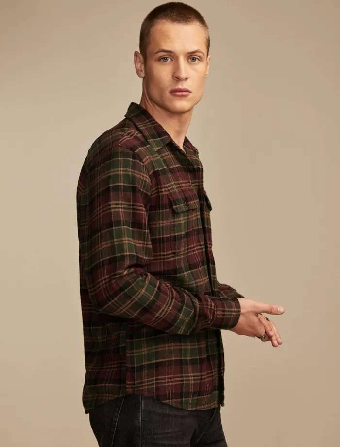 Lucky Brand Shirts and Tops Men Big Slub Twill Plaid Long Sleeve Utility Shirt Burgundy Multi
