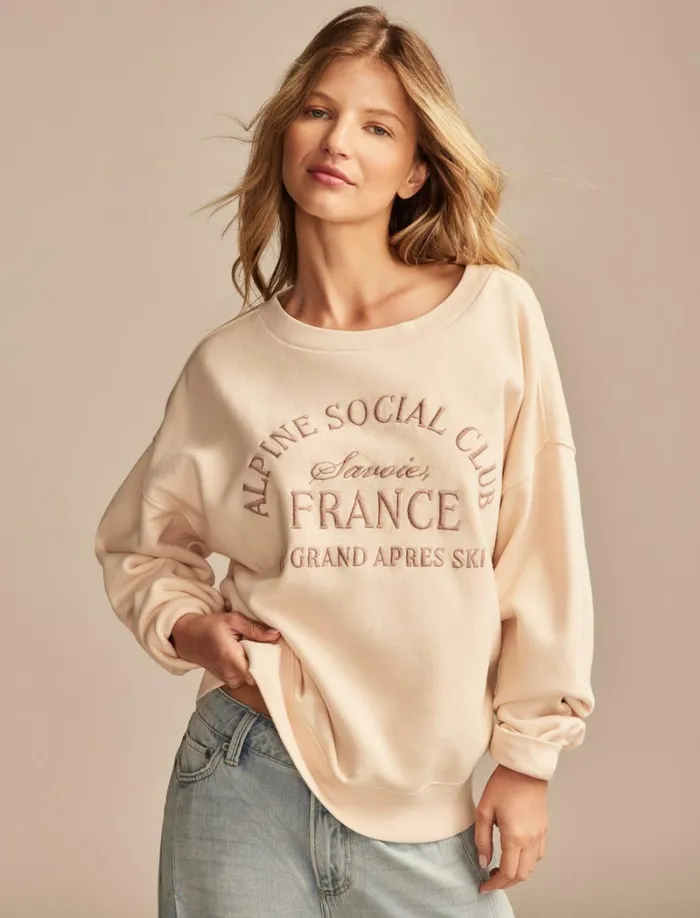 Lucky Brand Sweaters and Sweatshirts Women Alpine Social Club Crew Neck Peach Blush