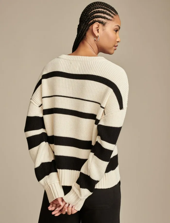 Lucky Brand Sweaters and Sweatshirts Women Notch Neck Pullover Tofublack Stripe