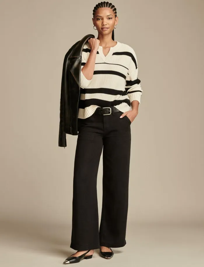 Lucky Brand Sweaters and Sweatshirts Women Notch Neck Pullover Tofublack Stripe