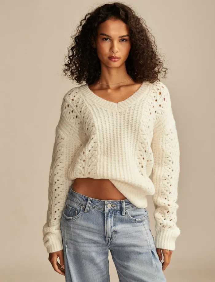 Lucky Brand Sweaters and Sweatshirts Women V Neck Pointelle Cable Pullover Sweater Tofu