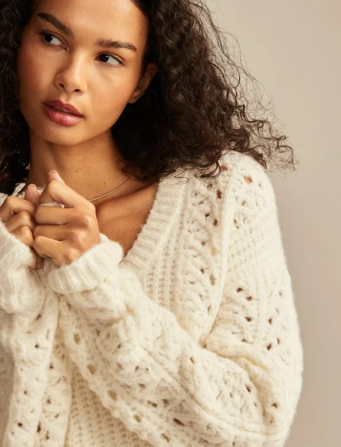 Lucky Brand Sweaters and Sweatshirts Women V Neck Pointelle Cable Pullover Sweater Tofu