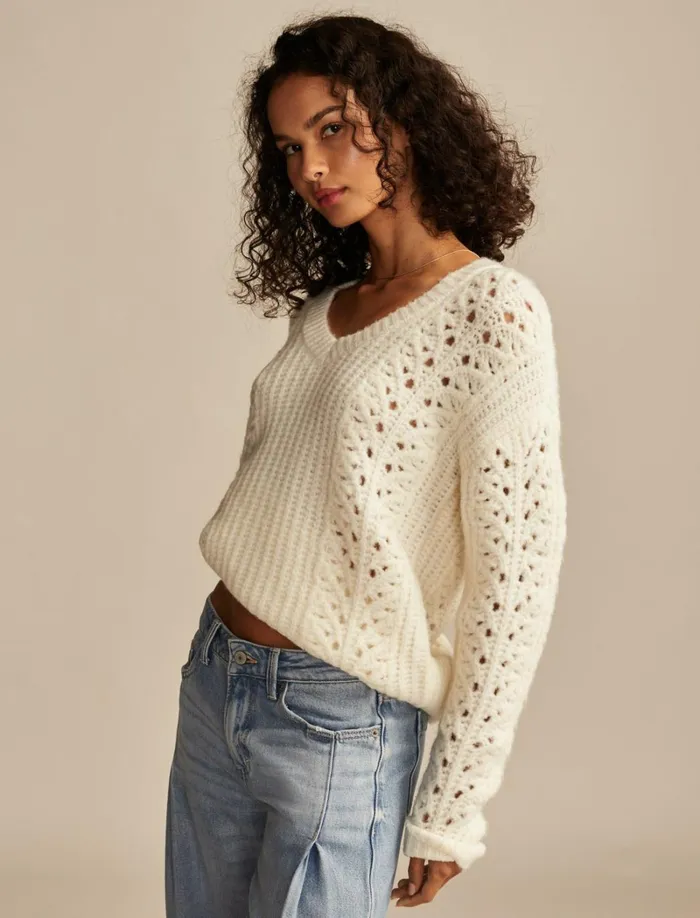 Lucky Brand Sweaters and Sweatshirts Women V Neck Pointelle Cable Pullover Sweater Tofu
