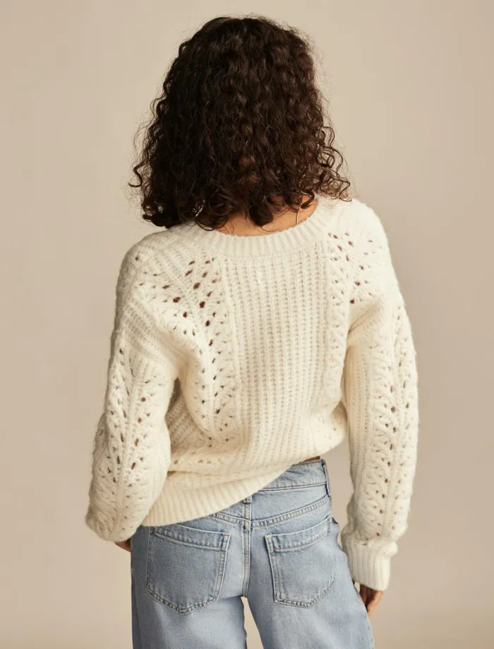 Lucky Brand Sweaters and Sweatshirts Women V Neck Pointelle Cable Pullover Sweater Tofu