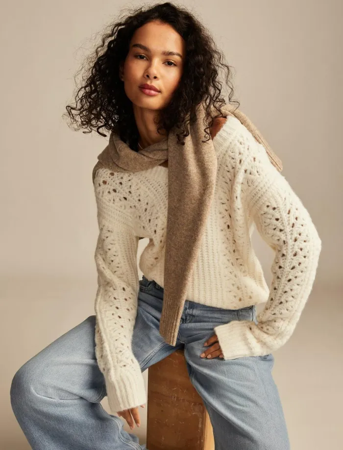 Lucky Brand Sweaters and Sweatshirts Women V Neck Pointelle Cable Pullover Sweater Tofu