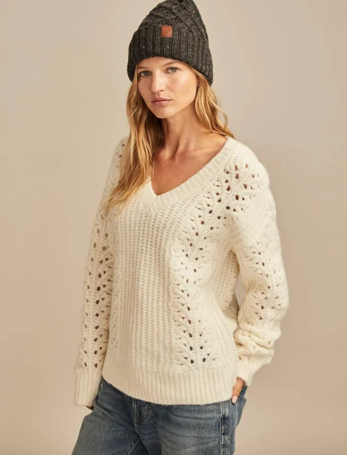 Lucky Brand Sweaters and Sweatshirts Women V Neck Pointelle Cable Pullover Sweater Tofu