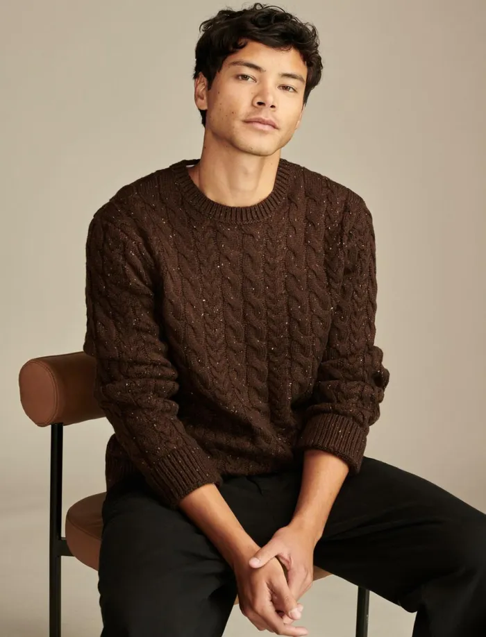 Lucky Brand Sweaters Men Cable Crew Neck Sweater Chocolate Torte