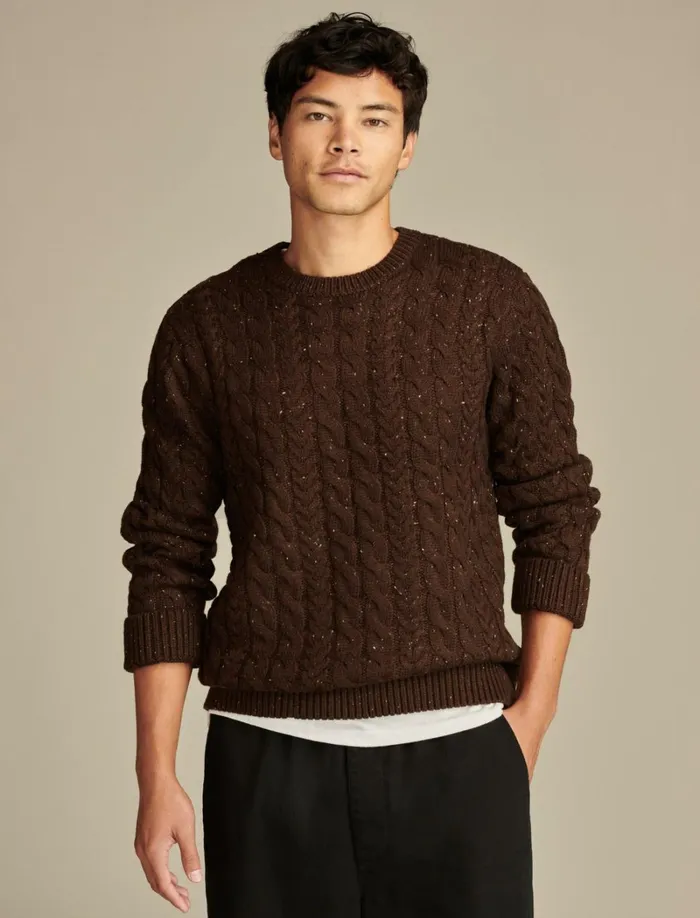 Lucky Brand Sweaters Men Cable Crew Neck Sweater Chocolate Torte