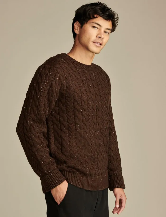 Lucky Brand Sweaters Men Cable Crew Neck Sweater Chocolate Torte