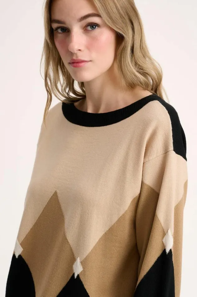 Luisa Spagnoli Knitwear Magneti 8211 Pullover With Diamond Pattern Blackcamel 8211 Women Luisa Spagnoli Knitwear Magneti 8211 Pullover With Diamond Pattern Blackcamel 8211 Women