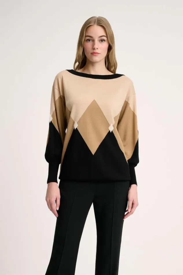 Luisa Spagnoli Knitwear Magneti 8211 Pullover With Diamond Pattern Blackcamel 8211 Women Luisa Spagnoli Knitwear Magneti 8211 Pullover With Diamond Pattern Blackcamel 8211 Women