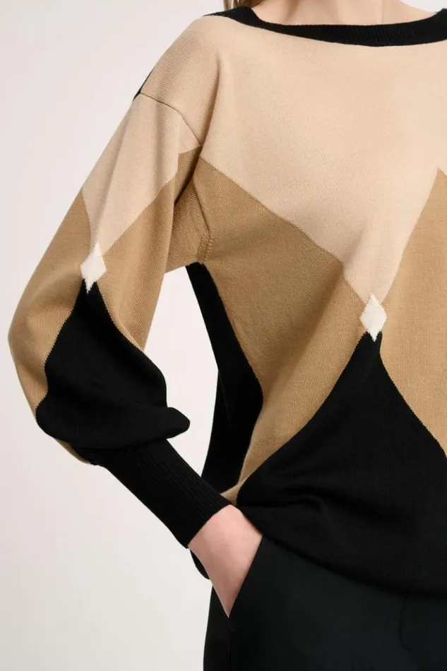 Luisa Spagnoli Knitwear Magneti 8211 Pullover With Diamond Pattern Blackcamel 8211 Women Luisa Spagnoli Knitwear Magneti 8211 Pullover With Diamond Pattern Blackcamel 8211 Women