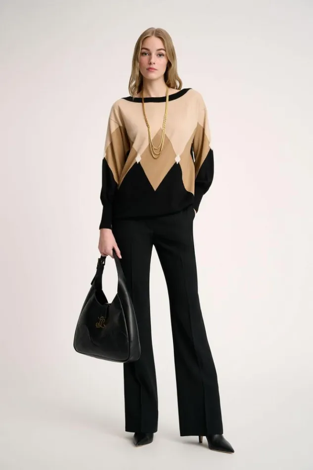 Luisa Spagnoli Knitwear Magneti 8211 Pullover With Diamond Pattern Blackcamel 8211 Women Luisa Spagnoli Knitwear Magneti 8211 Pullover With Diamond Pattern Blackcamel 8211 Women