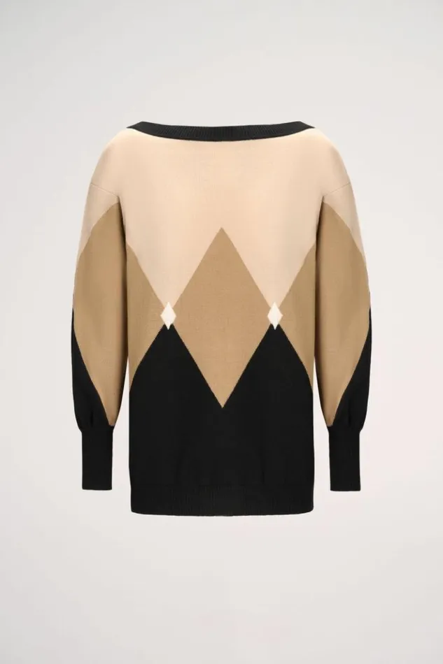 Luisa Spagnoli Knitwear Magneti 8211 Pullover With Diamond Pattern Blackcamel 8211 Women Luisa Spagnoli Knitwear Magneti 8211 Pullover With Diamond Pattern Blackcamel 8211 Women