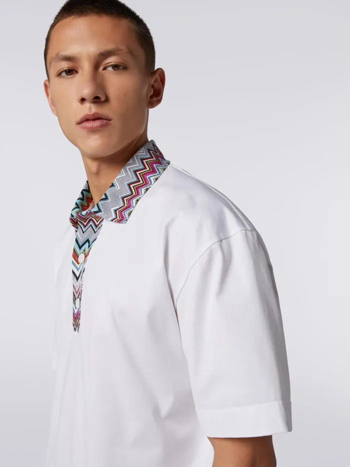 Men Cotton Polo Shirt With Dgrad Chevron Pattern White Missoni Polos and Tshirts