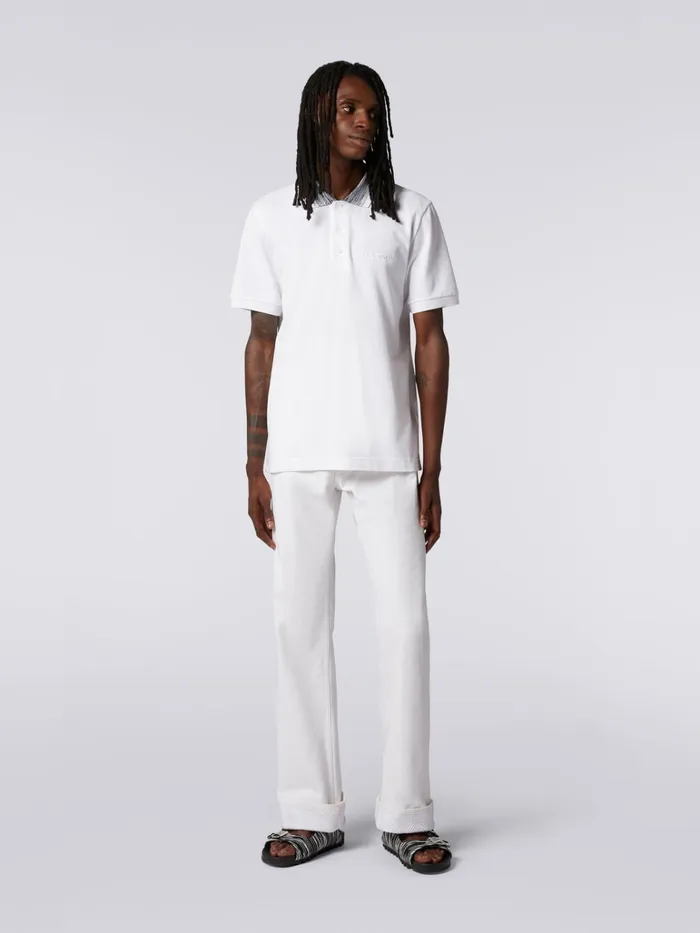 Men Cotton Polo Shirt With Slub Collar And Logo Lettering White Missoni Polos and Tshirts