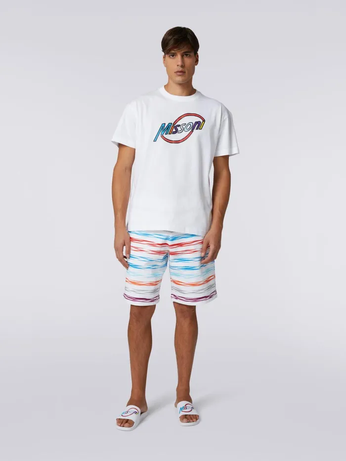 Men CrewNeck Oversized Cotton TShirt With Multicoloured Logo Lettering White Missoni Polos and Tshirts
