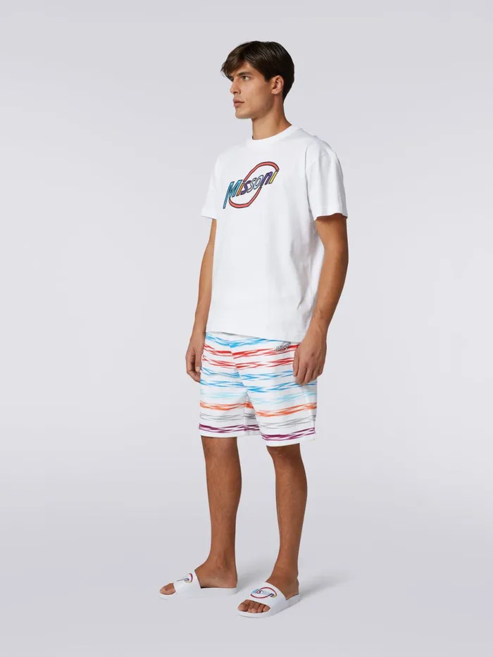 Men CrewNeck Oversized Cotton TShirt With Multicoloured Logo Lettering White Missoni Polos and Tshirts