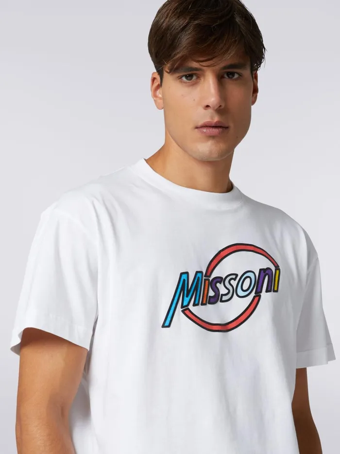 Men CrewNeck Oversized Cotton TShirt With Multicoloured Logo Lettering White Missoni Polos and Tshirts