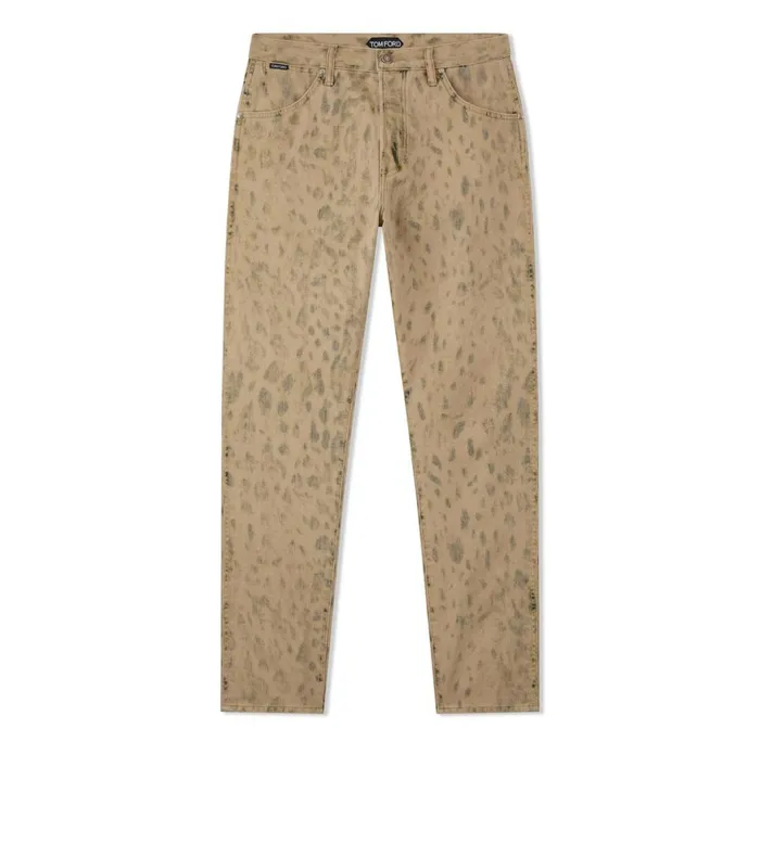 Men Jeans Tom Ford Distressed Leopard Tapered Fit Jeans Aged Leopard Tan