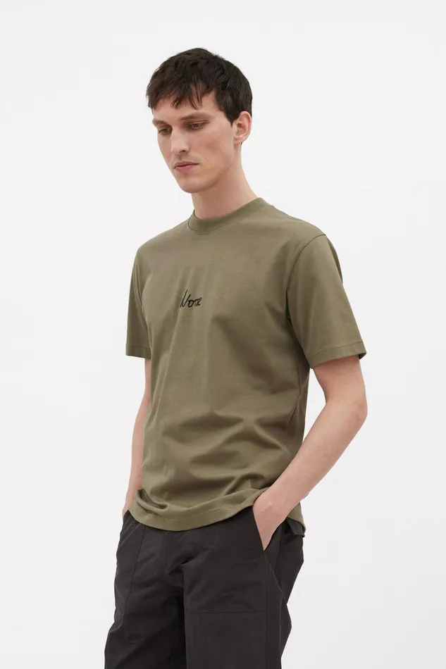 Men Johannes Organic Chain Stitch Logo Tshirt Sediment Green Norse Projects TShirts