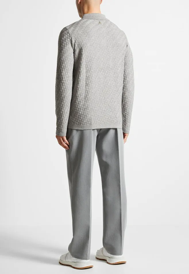 Men Manire De Voir Cotton Blend Waffle Knit Long Sleeve Polo Top Grey