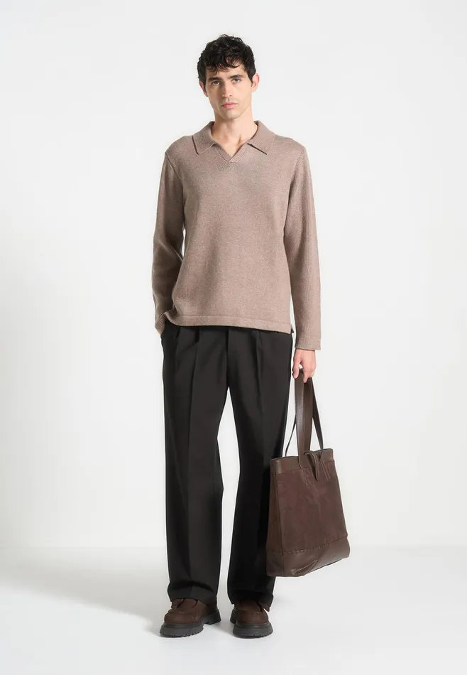 Men Manire De Voir Wool Revere Long Sleeve Polo Top Taupe
