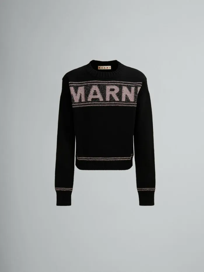 Men Marni Knitwear Black Wool Jumper With Maxi Marni Intarsia