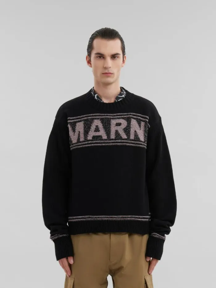 Men Marni Knitwear Black Wool Jumper With Maxi Marni Intarsia