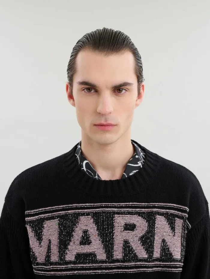 Men Marni Knitwear Black Wool Jumper With Maxi Marni Intarsia