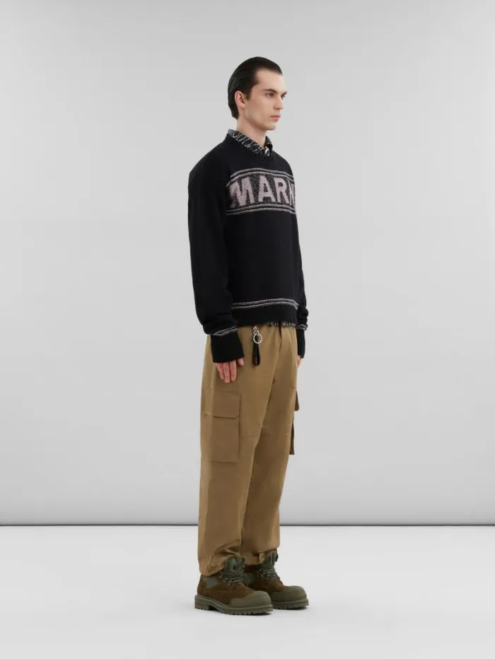 Men Marni Knitwear Black Wool Jumper With Maxi Marni Intarsia