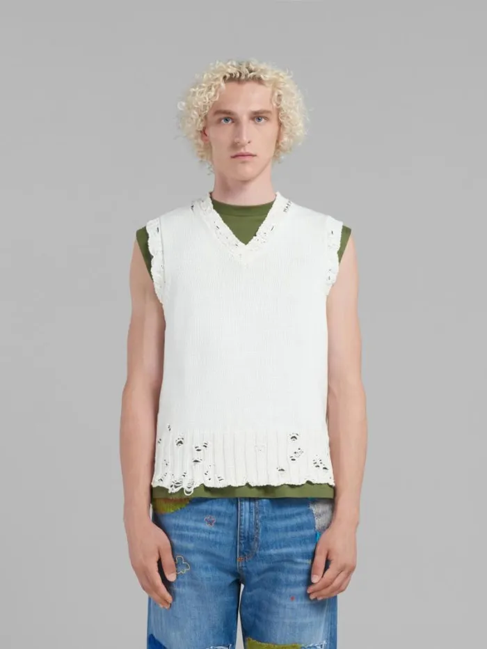 Men Marni Knitwear White Cotton VNeck Vest
