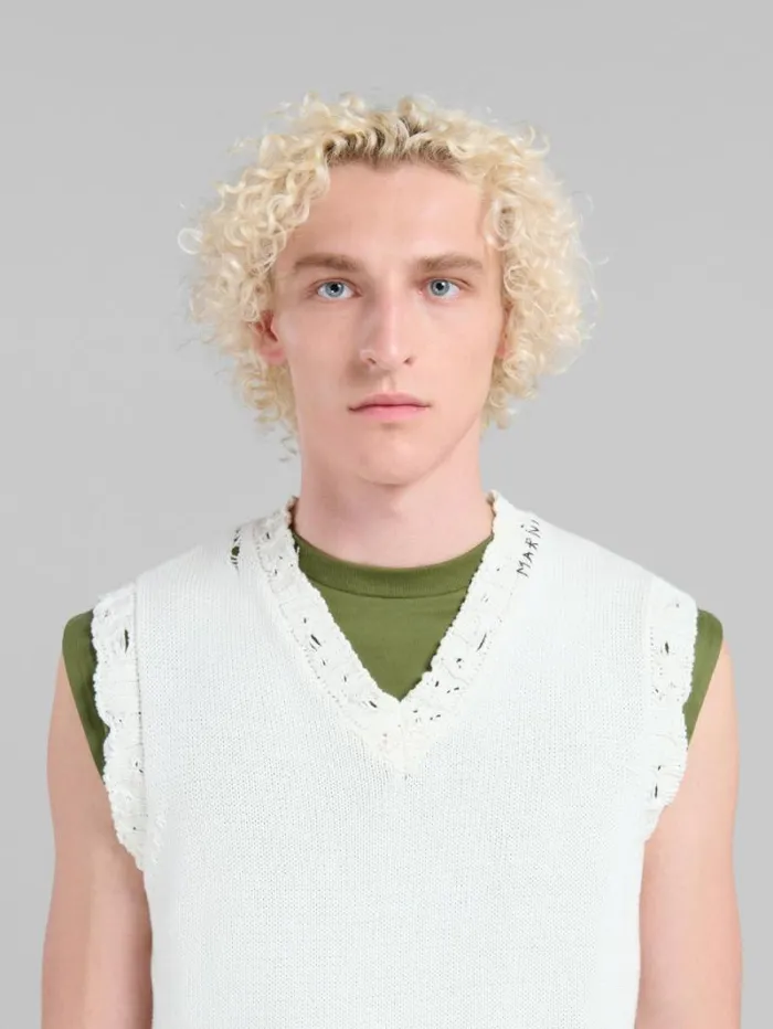Men Marni Knitwear White Cotton VNeck Vest