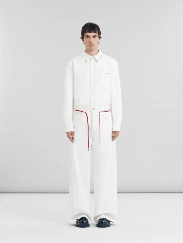 Men Marni Pants White Drill Trousers With Marni Mending