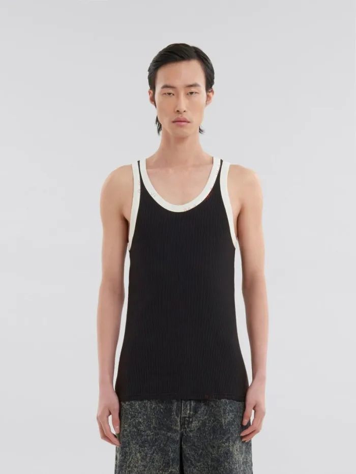Men Marni Tops and Tshirts Black Ribbed Cotton Tank Top With Marni Mending