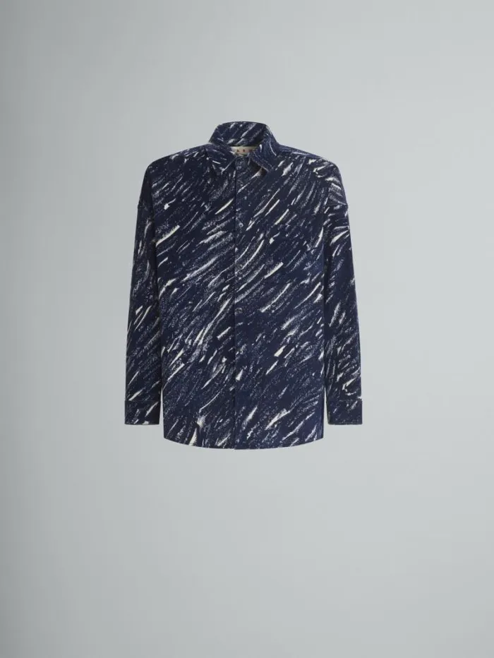 Men Marni Tops and Tshirts Blue Flocked Denim Oversized Shirt With Crayon Print