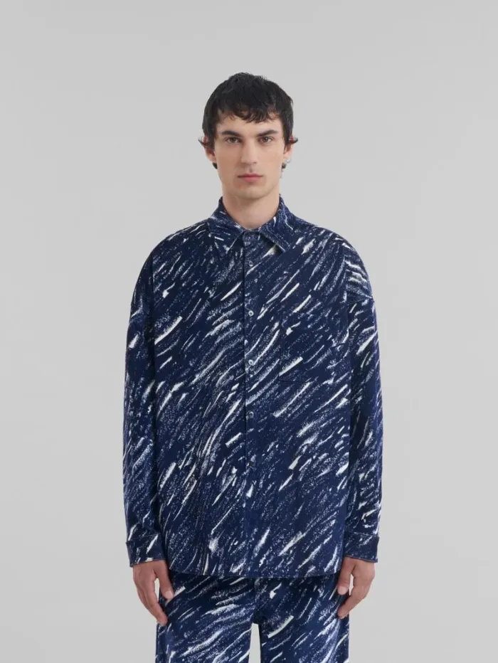 Men Marni Tops and Tshirts Blue Flocked Denim Oversized Shirt With Crayon Print