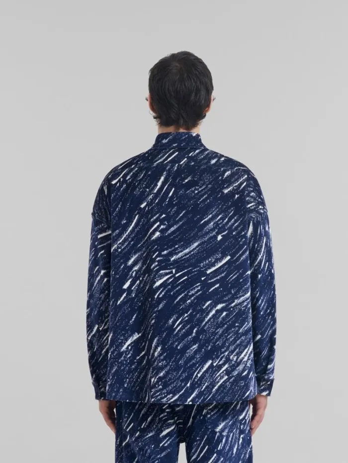 Men Marni Tops and Tshirts Blue Flocked Denim Oversized Shirt With Crayon Print