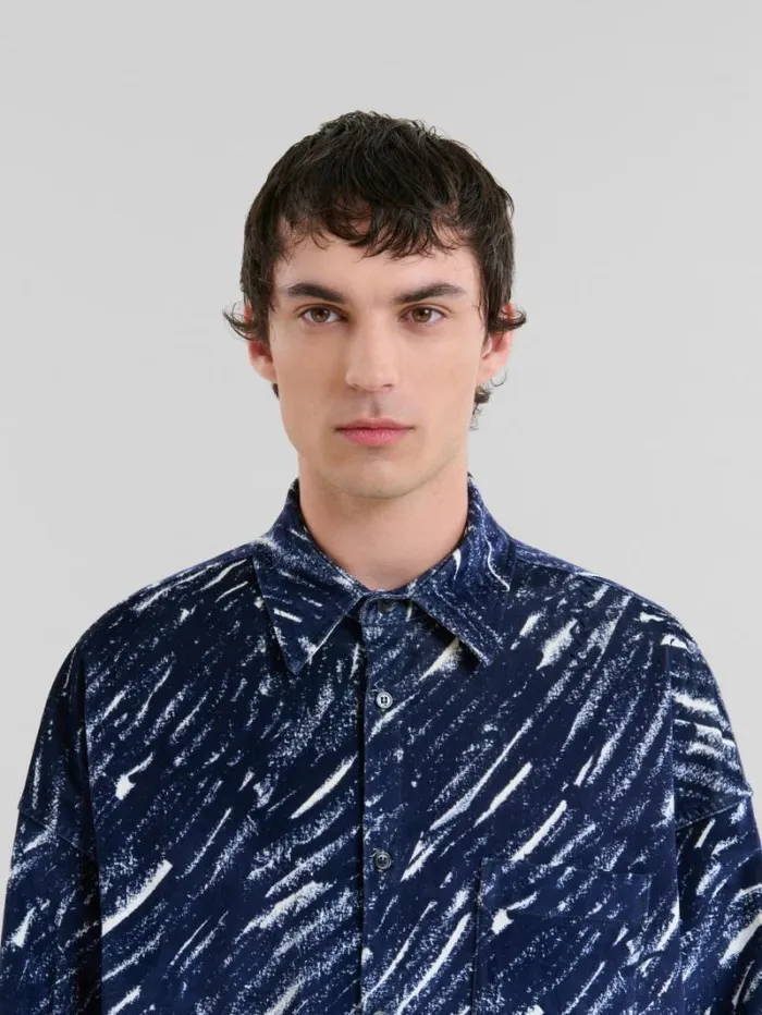 Men Marni Tops and Tshirts Blue Flocked Denim Oversized Shirt With Crayon Print