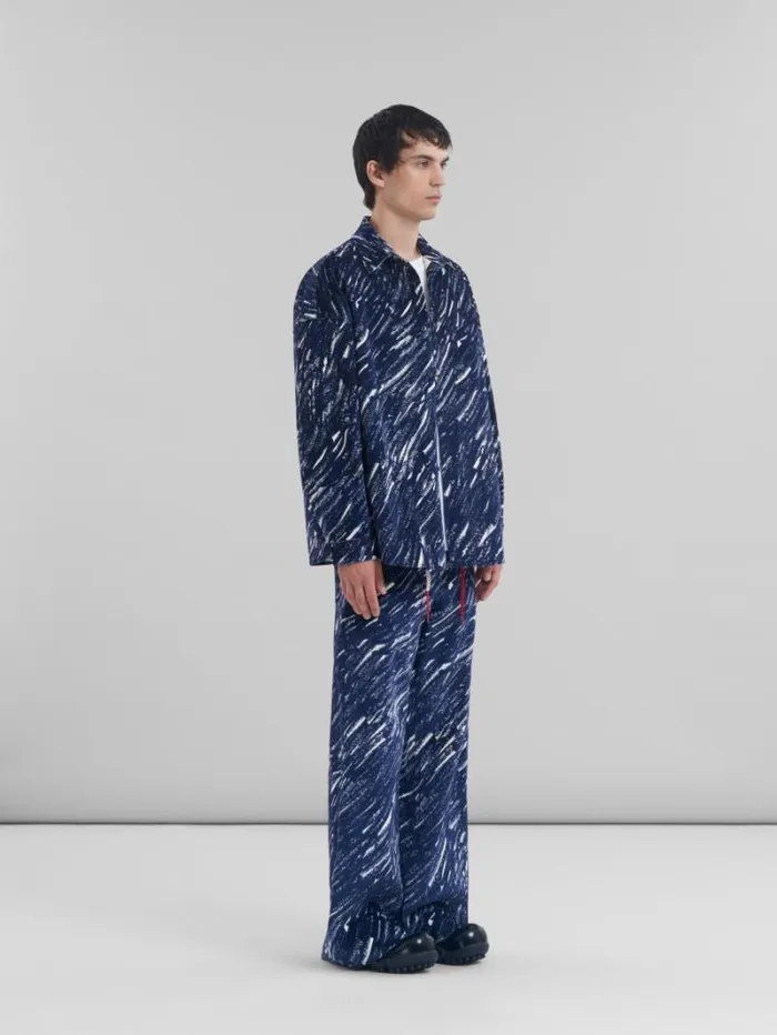 Men Marni Tops and Tshirts Blue Flocked Denim Oversized Shirt With Crayon Print