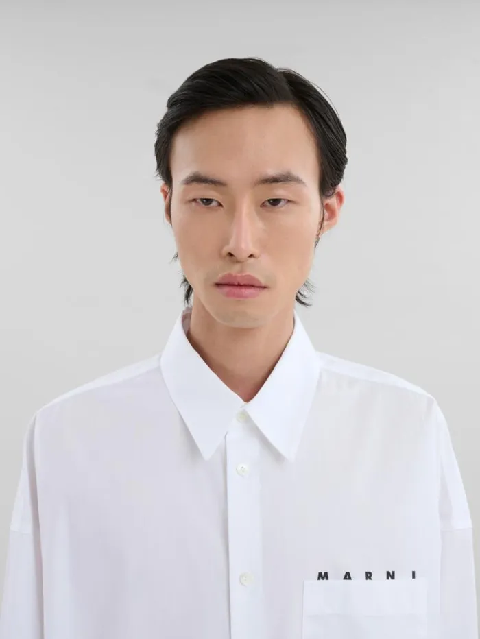 Men Marni Tops and Tshirts White Organic Poplin Shirt With Peeping Marni Logo