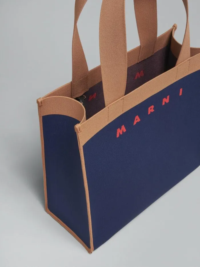 Men Marni Tote Bags Blue And Brown Jacquard Shopping Bag