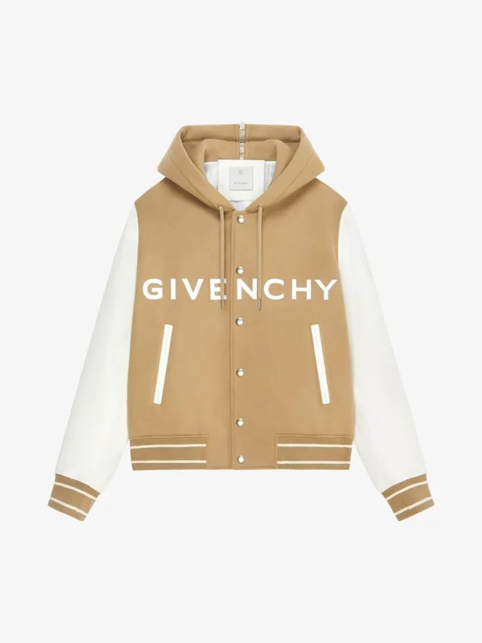 Men Outerwear and Blousons Givenchy GIVENCHY Hooded Varsity Jacket In Wool And Leather Whitebeige