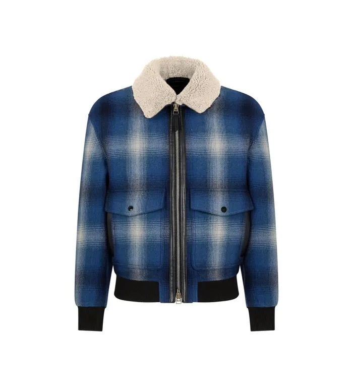 Men Outerwear Tom Ford Check Plaid Shearling Collar Blouson Combo Blue