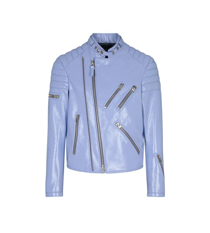 Men Outerwear Tom Ford Shiny Crackled Leather Zip Biker Periwinkle