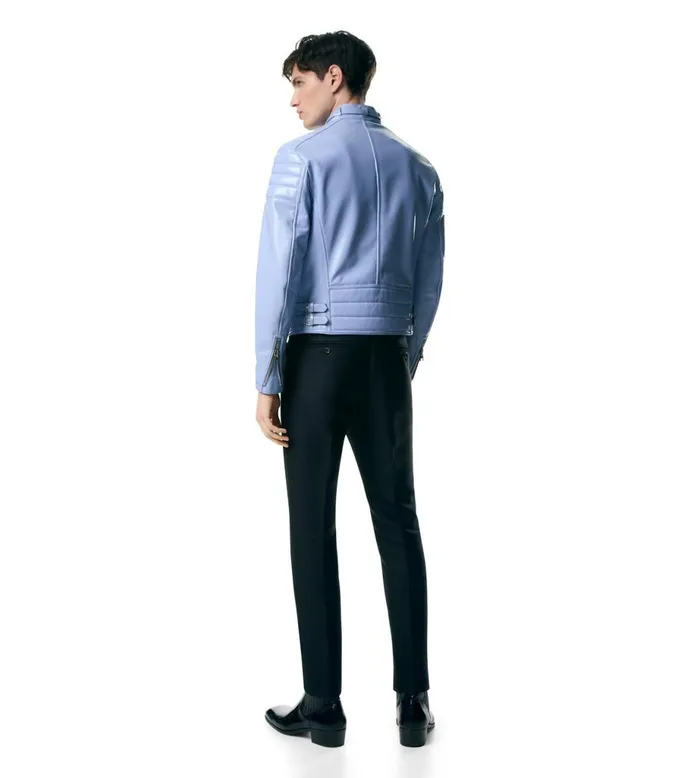 Men Outerwear Tom Ford Shiny Crackled Leather Zip Biker Periwinkle Men Outerwear Tom Ford Shiny Crackled Leather Zip Biker Periwinkle